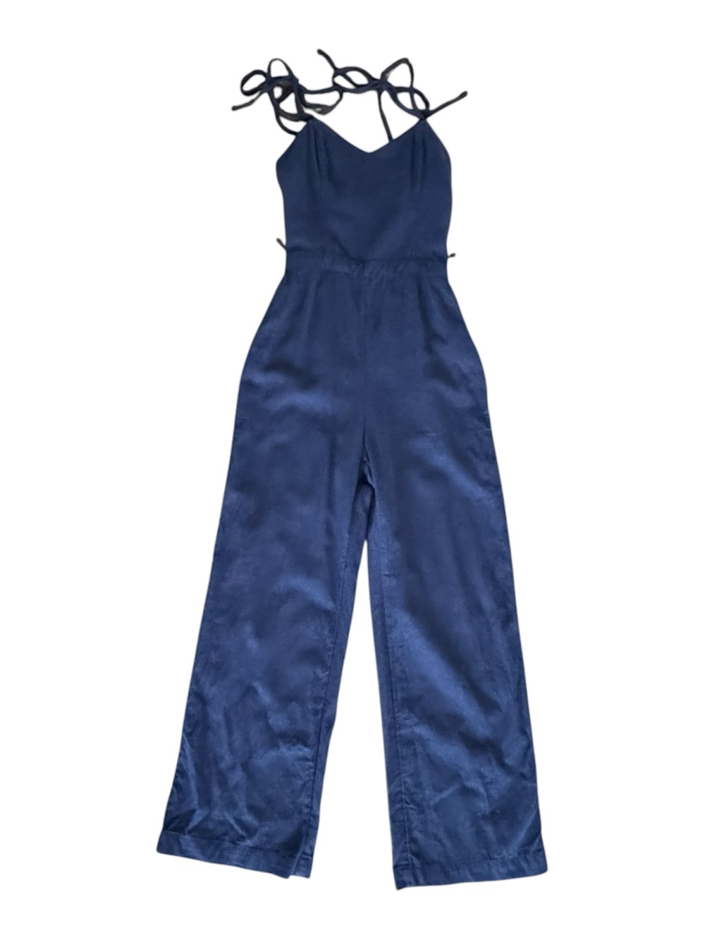 Abercrombie & Fitch Linen-Blend Tie-Shoulder Wide-Leg Jumpsuit Navy Blue XXS